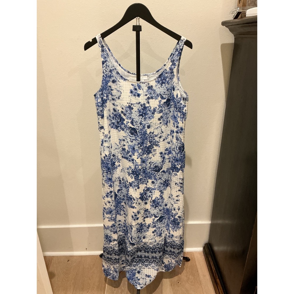 J. Jill Blue White Floral Cotton Sleeveless Maxi Dress Lined Size 8